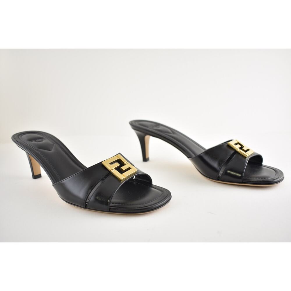 Fendi Fold Slide Black Leather Gold FF Logo Mule Kitten Heel Pump Sandals 37.5 - Picture 4 of 16
